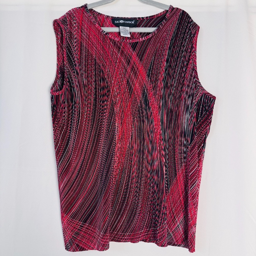 Sag Harbor L Red Black Abstract Crinkle Top Artsy Boho Fall Layering Sleeveless